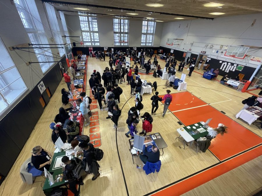Over 34 colleges set up in the GWEC gym during a recent college fair.  