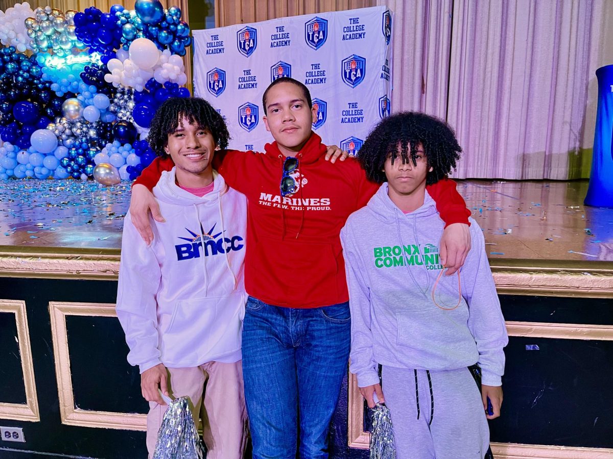College-bound seniors (left to right) Reyni Almanzar, Carlos Gomez-Ortiz, Renato Mota.  